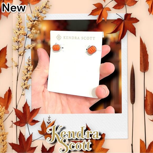 New Kendra Scott Pumpkin Silver Stud Earrings in Orange Mother-of-Pearl - Picture 4 of 4